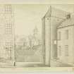 View from North East corner of Browns Square, giving principal window of Parliament House, etc
Signed and Dated  "Sketched on the spot by A. Archer  13 July 1838"