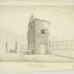 Sketched view of from South West of stair tower of old Ravelston House, insc: 'Ancient Stairway and Door of Ravelstone House. Drawn on the Spot by Alexr Archer. Feb 9. 1840.'