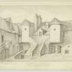 View of White Horse Inn. Copy of drawing inscribed 'Sketched and Drawn by Alexander Archer 1840.  The White Horse Inn, so called in Queen Mary's time, situated at the foot of Cannongate, in what is at present called, Davidson Close.  Edinburgh.'