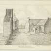 Drawing showing castle, doocot and farmhouse.