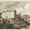 Engraving of Balvenie Castle on a mound above the river, with New House (c. 1722)  in distance.