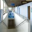 Interior view of Royal Commonwealth Pool, Edinburgh. View of stairs leading down from main entrance concourse to changing rooms.