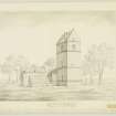 Drawing showing general view from N. 
Insc.'North View of Old Church at Lasswade. Sketched from nature by Alex. Archer. 1839'.