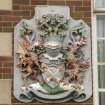 Detail of Royal Ordnance crest on front of main administration block.