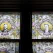 Interior. W staircase, stained glass window, detail of benefactors, George Seymour and William B. Flockart