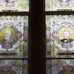 Interior. W staircase, stained glass window, detail of benefactors, Robert Duncanson and William Barclay