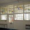 Interior. Basement, W classroom, view of stained partition from N from