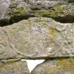 Detail of Marriage lintel stone set into the E elevation of Old Vallay House, Vallay