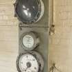 Interior. Detail of steam pressure gauges in the charge forming, accumulator and pump house/pulping and blending house.