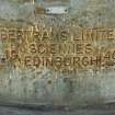 Interior.  Detail of makers name on the end of a beater in the charge pulping and blending house.