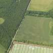 Oblique aerial view of the cropmarks of the barrow, field boundaries and pits, taken from the SE.