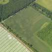 Oblique aerial view of the cropmarks of the barrow, field boundaries and pits, taken from the ESE.