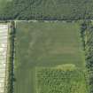 Oblique aerial view of the cropmarks of the barrow, field boundaries and pits, taken from the ENE.