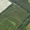 Oblique aerial view of the cropmarks of the barrow, field boundaries and pits, taken from the NE.