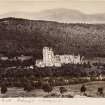 View of Balmoral Castle, Aberdeenshire, from North. 
Titled: 'Balmoral Castle - Lochnagar in background'.