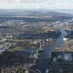 General oblique aerial view of Glasgow city centre looking W along thr River Clyde centred on the Glasgow Science centre taken from the E.