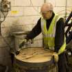 Interior. Cask Rebuilding or Rejuvination Process. Cask has wax painted on the head where it meets the chime at the croze. This replaces the use of flags or reeds.