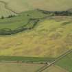 Oblique aerial view of the cropmarks of the barrow, unenclosed round houses, pits and rig, taken from the SW.