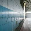 Interior.  Detail of sliding/rolling door at W end of J type aircraft hangar.