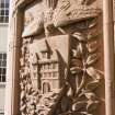 Entrance stair tower. Carved armorial panel. Detail