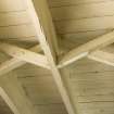 Interior. Ground floor, detail of roof trusses with criss cross braces