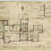 First floor plan.
Titled: 'Lochcote House, Linlithgow. Alterations for Mrs Darby. Note: Red lines show portions to be removed'.