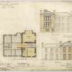 Edinburgh, 12 Hope Terrace, Harlaw, also known as Whitehouse Gardens, Braeside House for Benjamin Hall Blyth.
Plan of Drawing Room floor and back and front elevations
Titled: 'No 2 Braeside, the property of B M Blythe Esq. Plans and Elevations of Alterations and Additions'