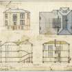 Edinburgh, 12 Hope Terrace, Harlaw, also known as Whitehouse Gardens, Braeside House for Benjamin Hall Blyth.
West Elevation, sections and plan of roof
Titled: 'No 3 Braeside, the property of B M Blythe Esq. Plans, Elevations and Sections of Alterations and Additions'