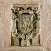 Interior. Detail. View of the armorial tablet, situated on the back wall of a niche within the South wall of the Argyll Mausoleum. The niche also contains the 15th century effigies of Sir Duncan Campbell and his wife, Marjory.