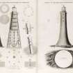Engraving showing designs for the Bell Rock Lighthouse.
Titled: ''Designs for the Bell Rock Light House by Mr Stevenson' and 'Designs for the Bell Rock Light House by Mr Rennie'.