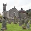 General view of Church of St Munn's, Argyll Mausoleum and Churchyard from South-East.