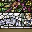 Interior view of Dalziel High Parish Church, Motherwell.  Rev David Scott stained glass window. Detail