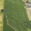 Oblique aerial view of the cropmarks of the pit-defined cursus, barrows and ring ditch, taken from the W.