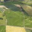 Oblique aerial view of the cropmarks of the rig and furrow and pits with Plean Tower in the background, taken from the NNE.