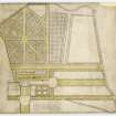 Drawing showing garden design for Airth Castle.
Titled: 'Ane Exact Plan of Airth the Seat of the Honnourable Mr James Graham Admirall of Scotland...Surveyd August first & Drawn at Ednr Septr 10th 1721 by William Boutchart'