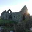 General view of Cornaigmore Mill, Tiree, taken from the North. The image shows the water wheel to Northen gable of the mill.