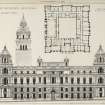 Glasgow City Chambers
Elevation and second floor plan from The Building News
Titled: 'The Building News, Sep. 15, 1882'  'Glasgow Municipal Buildings  Elevation to Cochrane Street.  Selected Design  William Young Architect.'  'Photo-Lithographed & Printed by James Akerman, 6 Queen Square, W.C.'