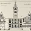 Glasgow City Chambers
Elevation and section from The Building News
Titled: 'The Building News, Sep. 15, 1882'  'Glasgow Municipal Buildings.  Section on line A.B.  Selected Design  William Young Architect.'  'Photo-Lithographed & Printed by James Akerman, 6 Queen Square, W.C.'
