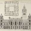 Glasgow City Chambers
Elevation and ground floor plan from The Building News
Titled: 'The Building News, Sep. 15, 1882'  'Glasgow Municipal Buildings  Elevation to George Street.  Selected Design  William Young Architect.'  'Photo-Lithographed & Printed by James Akerman, 6 Queen Square, W.C.'
