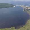 Oblique aerial view of Findhorn Bay with Findhorn village beyond, looking N.