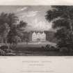 Engraving of Arbuthnott House and grounds. Drive crosses small bridge on left foreground.
Titled 'Arbuthnot House, Kincardineshire. Drawn by J.P.Neale. Engraved by E. Byrne. Jones & Co. Temple of the Muses, Finsbury Square, London.