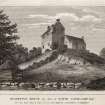 Engraving of Blairstone, showing tower house with adjoining building set on a small hilltop.
Titled 'Blairston House, the seat of David Cathcart Esq. for the Scots mag. and Edinbr. Literary Misy. Pubd. by A. Constable & Co. 1 July 1812. Colonel Gibson delt. R. Scott Scult.'