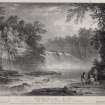 View of Bonnington Linn from downstream.
Titled 'Boniton Lin, a Fall of the Clyde, near Lanerk. From Nature & on stone by F. Nich9ls9on. Printed by Engelmann. Graf Coindet & Co.'