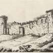 Engraving of Bothwell Castle from the south with the letters ADC at top left.
Titled 'Bothwell.'
