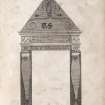 Engraving of a gateway to Calder House, with the inscription, 'It is not colours far nor God that gives the Grace, It is the virteous man adornes the dwelling place.' and 'He that in youth no vertue use In adge all honours him refuseth,' and '1669,' and 'TCMS' ?.
Titled 'Door-way of Calder House. Gent. Mag. March 1803. Pl.II p.210, fig.3.'