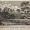 Engraving of Craufurdland Castle on hilltop above a river.
Titled 'Craufurdland Castle the seat of William Howison Craufurd Esqr. C. Mackay delt. R. Scott sculpt. For the Scots Mag & Edinr. Lity. Misy. Pub by  A. Constable & Co. 1st August 1814.'
