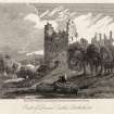 Engraving of Doune Castle.
Titled: 'Part of Doune Castle, Perthshire. Engraved by J. Greig from a drawing by L. Clennell for the Antiquarian Itinerary.Published for the Proprietors Mar. 1st 1815 by W. Clarke, New Bond Street.'