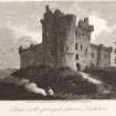 Engraving of Doune Castle showing main entrance beyond round tower.
Titled: 'Doune Castle, principal entrance, Perthshire. Engraved by J. Greig from a drawing by J. Clennell for The Antiquarian Itinerary. Published for the Proprietors Mar.1st 1815 by W. Clarke. New bond Street'.