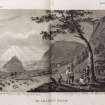 Engraving of Dunbarton Rock with landscape and figures.
Titled: 'Dunbarton Rock. The Itinerant, Dunbartonshire. Engraved by W. & J. Walker from an original drawing by C. Calton, Jnr. Published July 2nd 1802 by J. Walker, No 16 Roseman's Street, London.'