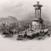 Engraving of Dugald Stewart's Monument, with Edinburgh in background.
Titled 'Edinburgh from the Calton Hill (with Dugald Stewart's Monument.) W.H.Bartlett. J. Cousen.'